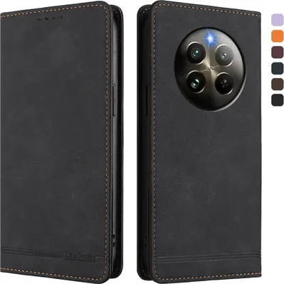 Image de Étui pour Realme 13 4G, étui rétro en cuirPolyuréthaneavec support et fentes pour cartes Noir