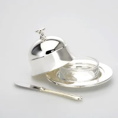Produktbild von Käse-/ Butter-/ Zwiebeldose mit Glaseinsatz & Messer Höhe 7,0 cm Durchmesser 11,0 cm versilbert Anlaufgeschützt