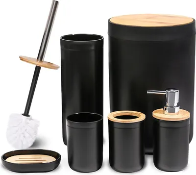 Immagine prodotto di set da bagno da 6 pezzi, set di accessori per dispenser di sapone, dispenser per rifiuti, portasapone, scopino, portaspazzolino e bicchiere per spazzolino, nero