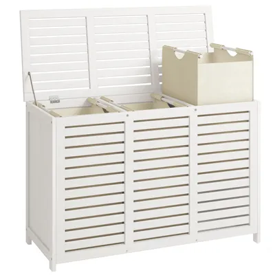 Produktbild von ADEL DREAM Wäschekorb mit Deckel aus Bambus 150L Großer Wäschebox Wäschesammler 3 Fächer Gestreiftes Design Abnehmbare, unabhängige Wäschesäcke