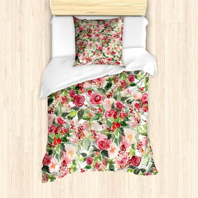 Produktbild von ABAKUHAUS Blumen Bettbezug Set, Empfindliche Leuchtende Farben Weihnachtsrosen Blumenstrauß Beeren Kunst, 135 x 200 cm + 80 x 80 cm, Grün Rosa
