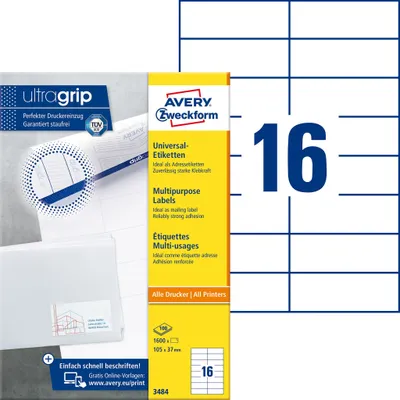 Image de Avery Zweckform 3484 Étiquettes universelles, 105 x 37 mm, 100 feuilles/1 600 étiquettes, blanc