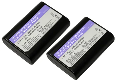 Two rechargeable batteries shown from a diagonal angle on a white background.