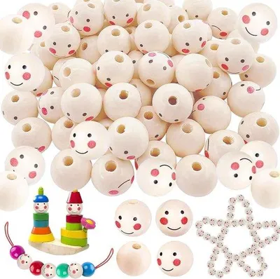 Image de Perles en bois avec visage, grandes, 60 pièces, décoration à faire soi-même
