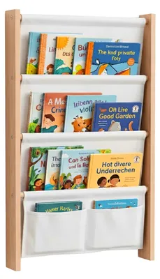 Image de Étagère Relaxdays avec 5 poches en tissu, à fixer au mur, étagère murale pour enfants, bibliothèque, dimensions (L x H x P) : 80 x 44,5 x 6 cm, en MDF, blanche