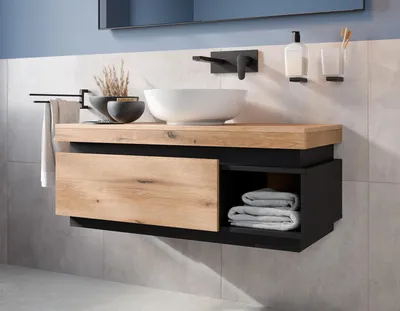 Produktbild von Easy4You KAYA Unterschrank 100 cm Matt Schwarz/Eiche mit Schublade und Ablage Hängeschrank Badschrank Badezimmerschrank