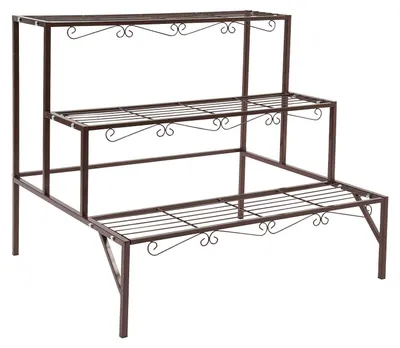 Immagine prodotto di Scaffale per piante - Scaffale a 3 ripiani - Metallo - Forma quadrata - Design a volute - Per vasi da fiori da interno/esterno - Bronzo