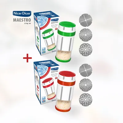 Produktbild von Genius Gewürzmühle Käsereibe Nicer Dicer Maestro mit 3 Größe Klingen 12 tlg., Muskatnuss Mühle, Parmesanreibe mit Behälter und Deckel, Käsehobel