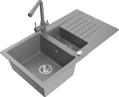 Produktbild von Mexen Matias 1,5-Becken-Granitspüle mit Abtropffläche und Mischbatterie Duero, Grau - 6502-71-671600-71