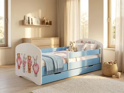 Immagine prodotto di Lettino blu 140x70 completo di spondina di sicurezza, materasso e cassetto | Lettino sicuro per bambini piccoli con spazio contenitivo