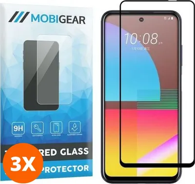 Produktbild von Mobigear Premium 9.98 HTC Desire 21 Pro Panzerglas Gehärtetes Glas Displayschutz - Hüllenfreundlich - Schwarz (3er Pack)