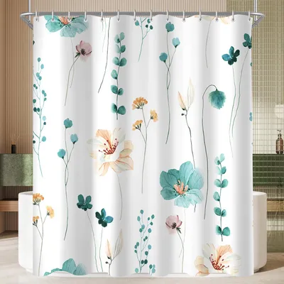 Produktbild von Duschvorhang 180x200 cm, türkis mit Blumenmuster, beschwerter Saum, schimmelresistent, wasserabweisend, waschbar, Polyester, mit 12 Ringen und Ösen für Badezimmer und Badewanne.