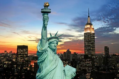 Obrázok produktu pre New York Art Print Picture - Socha slobody a panoráma pri západe slnka (80 x 120 cm)