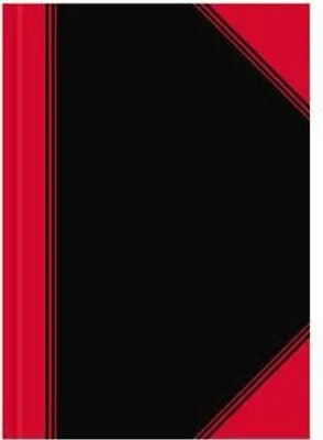 A close-up view of a black and red notebook cover.
