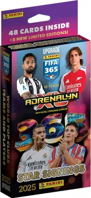 A product box for Panini FIFA 365 Adrenalyn XL trading cards, featuring images of football players and branding.