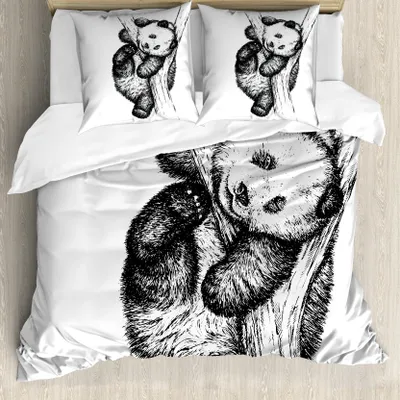Produktbild von ABAKUHAUS Tier Bettbezug, Kleiner Panda-Bär, Milbensicher Allergiker geeignet mit Kissenbezügen, 155 cm x 220 cm - 80 x 80 cm, Schwarz und weiß