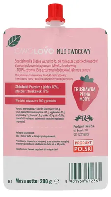 Zdjęcie produktu dla Mus jabłkowo-truskawkowy 200g * TRUSKAWKOWO OWOLOVO