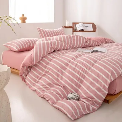 Immagine prodotto di Set di lenzuola 135x200 cm, 4 pezzi, rosa e bianco a righe, in microfibra, con cerniera
