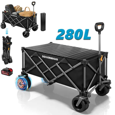 Produktbild von Elektro Bollerwagen mit Klapptisch 3-Gänge, Bürstenlos-Motor, Breiträder, Kompatibel mit Makita Akkus Handwagen Klappbollerwagen für Camping Einkauf