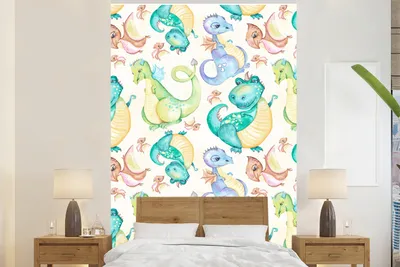 Produktbild von MuchoWow® Fototapete für Wohnzimmer oder Schlafzimmer Wandtapete Vinyl Motivtapete Dinosaurier - Aquarell - Kinder - Jungen - Mädchen - Kinder - 200x300 cm - Kindertapete - Wanddekorationen