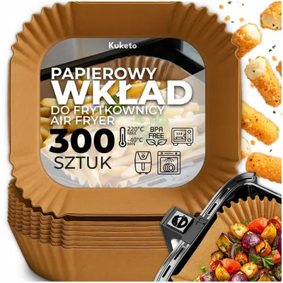 Obrázek produktu pro Kuketo | Sada pečicího papíru pro horkovzdušné fritézy - 27 cm - 300 kusů - Odolný proti oleji - Hygienický - Snadno se čistí