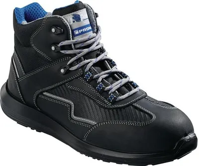 A black work boot with gray laces and blue accents.