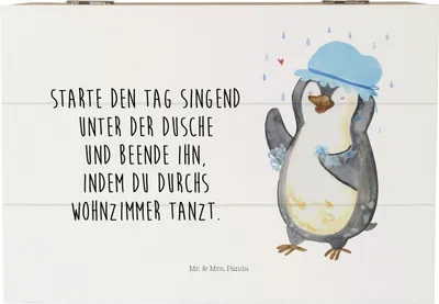 Produktbild von Mr. & Mrs. Panda Schatulle Pinguin Duschen 22 x 15 cm - Weiß - Geschenk, Holztruhe, Duschkonzert, Neustart, holzschachtel, Box, schatztruhe, Baden, Dusche, Erinnerungsbox