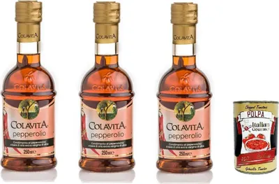 Produktbild von Colavita Pepperolio, Pfeffer Natives Olivenöl extra, Glasflasche, 3x 250 Milliliter + Italian Gourmet polpa 400g