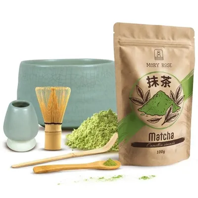 Produktbild von Mary Rose - Matcha Tee Set Pulver 100g - Keramik Matchawan Schale Kiretsu 450ml Hell Glasiert - Mit Bambus Chasen Besen und Kusenaoshi Halter