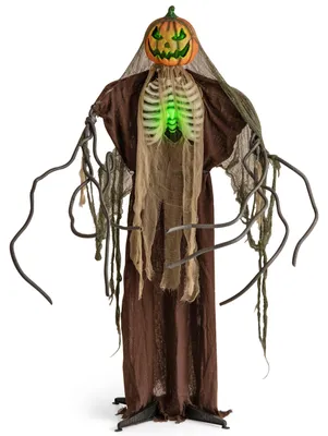 Produktbild von COSTWAY 175 cm Halloween Kürbisgeist mit Skelett, Sound & Sockel, Halloween Deko mit leuchtendem Kopf, beweglichen Armen, Kürbismann Dekoration