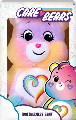 A stuffed teddy bear in its packaging, with a smaller illustration of the same bear on the right.