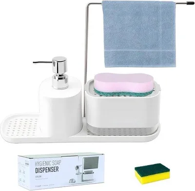Productafbeelding van 4-in-1 keukenorganizer met spoeldoekhouder en 2 sponzen, sponshouder