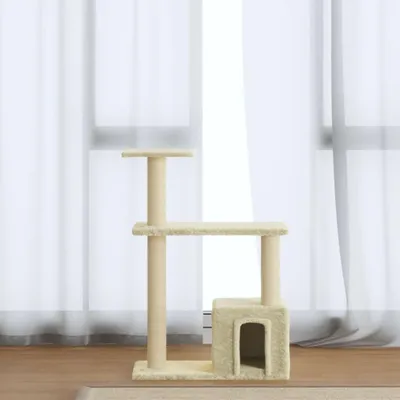 Imagen del producto de Árbol para gatos "Dannenwalde" fabricado con material de madera, felpa y sisal, en color crema. Dimensiones (largo/ancho/alto): 54 x 22 x 70 cm