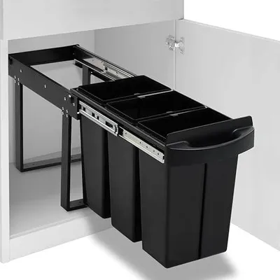Imagen del producto de Contenedor de residuos para encastrar, 36 litros, cubo de basura con sistema de cierre suave, sistema de separación de residuos de 3 compartimentos para armario de cocina, separador de residuos extraíble