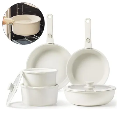 Produktbild von 17-teiliges Kochgeschirr-Set mit abnehmbarem Griff, Antihaft, Induktion & Gas, Töpfe, Pfannen, Glasdeckel, platzsparend