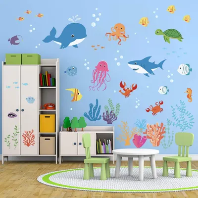 Produktbild von Elzusha – Wandsticker, Unterwasserwelt – Wal/Tropischer Fisch – Wanddekoration für Kinderzimmer – Wasserfest – 8 Bögen – 21 cm x 30 cm
