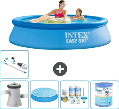 Produktbild von Intex runder aufblasbarer Easy Set-Schwimmpool – 244 x 61 cm – Blau – inklusive Pumpe Sonnensegel - Wartungspaket - Filter - Staubsauger