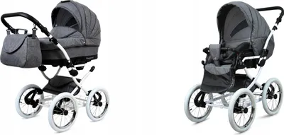 Two images of a baby stroller, one showing the bassinet attachment and the other showing the seat attachment.