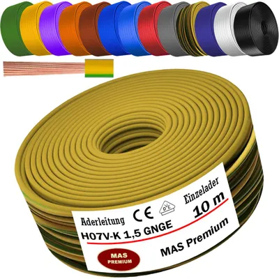 Obrázok produktu pre 10 m Žilový kábel H07 V-K GNGE 1x1,5 mm² Zelená/žltá Jednožilový flexibilný