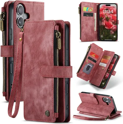Image de Étui en cuir pour iPhone 17, étui en cuirPolyuréthaneavec fermeture à glissière, fermeture magnétique, pochette pour cartes, support, étui portefeuille Rouge