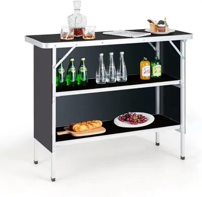 Produktbild von GOPLUS Campingtisch mit Stauraum, tragbarer Zusammenklappbarer, Leichter Aluminiumtisch mit Tragetasche, Klapptisch mit 2 Regalen, Küchentisch (Schwarz)