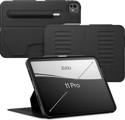 A black tablet case is shown from multiple angles, with one angle displaying the tablet screen with the ZUGU logo and '11 Pro' text.