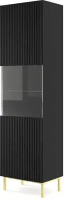 Zdjęcie produktu dla Gablota RAVENNA szer. 60 cm 1D rama CZARNY MAT / CZARNY MAT z metalowymi nogami Gablota przeszklona Kredens MDF z 5 półkami Szafka wysoka z frezowanymi frontami Półki Szafka boczna meblowa Regał Złote lub czarne metalowe nogi ramy