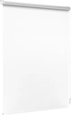 A white roller blind is shown hanging from a silver rod.