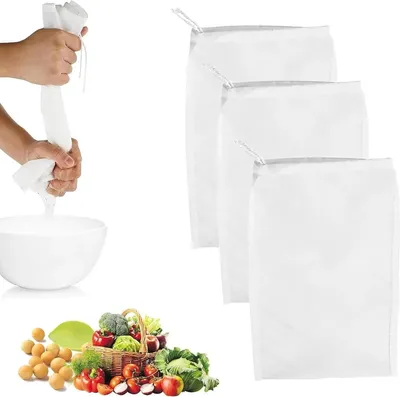 A collage showing a person squeezing a white fabric bag, three white fabric bags, and a basket of fresh produce.