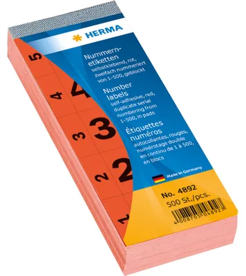 Produktbild von HERMA Nummernblock selbstklebend 28 x 56 mm rot 1-500 100 Blatt pro Block