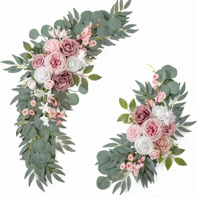 Productafbeelding van Kunstbloemenboog voor bruiloften, roze, 70x36cm en 50x30cm, met rozen en eucalyptus