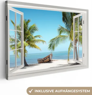 Produktbild von Leinwand Bilder 120x80 cm - Fensterblick - Palme - Boot - Tropisch - Meer, Bilder, Wanddeko, Wandbilder Wohnzimmer