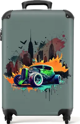 Produktbild von NoBoringSuitcases.com® Koffer Handgepäck Trolley Rollkoffer Kleine Reisekoffer mit 4 Rollen - Auto - New York - Graffiti - Grün - Hot Rod - Cabin Size < 55x40x23 cm & 55x40x20 cm - Fotokoffer - Kabinenkoffer - BoardgepäckHandgepäck Koffer 55x35x20 cm, 36L,