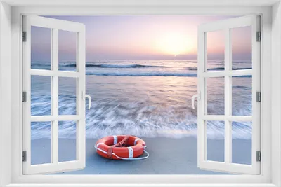 Produktbild von Wallario selbstklebendes Poster mit Fenster-Illusion - Rettungsring am Strand bei Sonnenuntergang, Größe: 100 x 150 cm